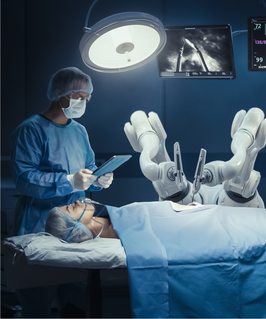 doctor and da vinci robot arm performing surgery