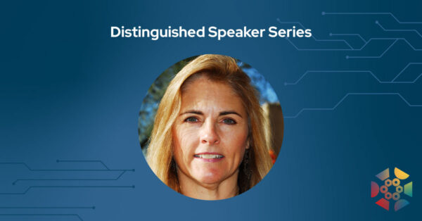 Distinguished Speaker Series with headshot of a white woman with long blond hair