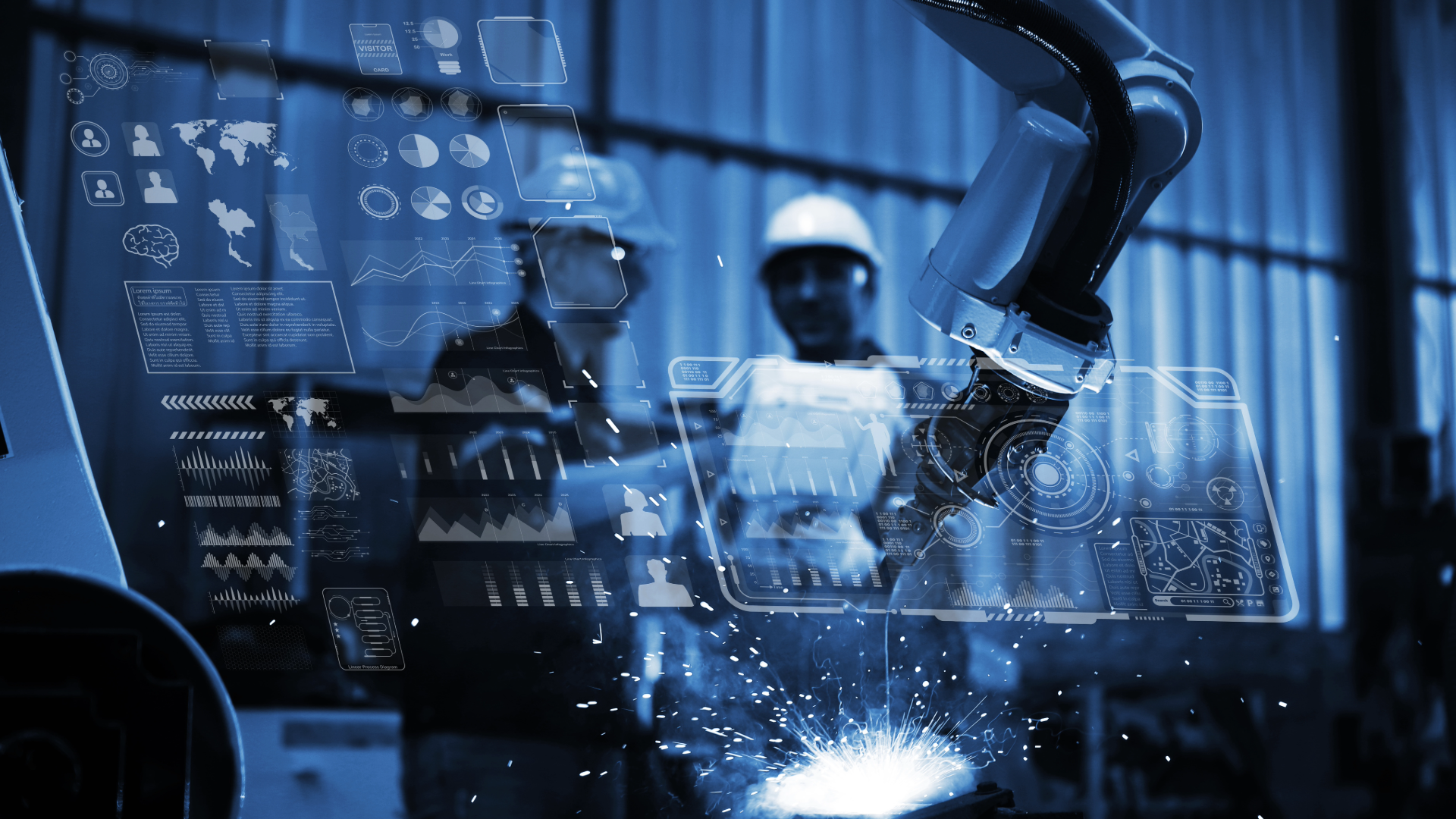 two people in manufacturing line with robotic arm and augmented reality