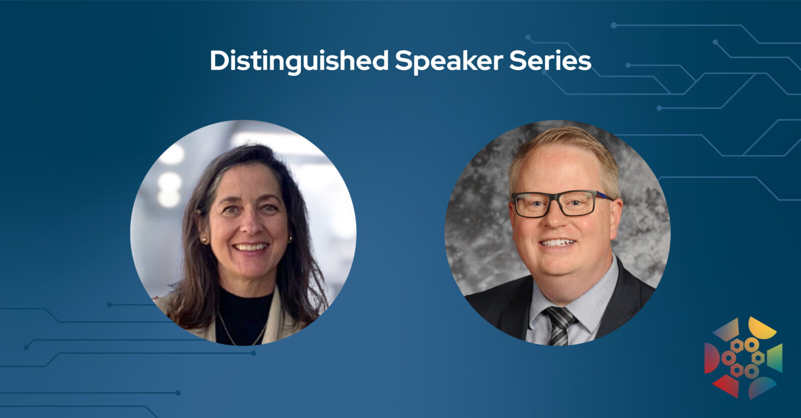 headshots of a light skinned woman with long dark hair and a white man with short blond hair and glasses
