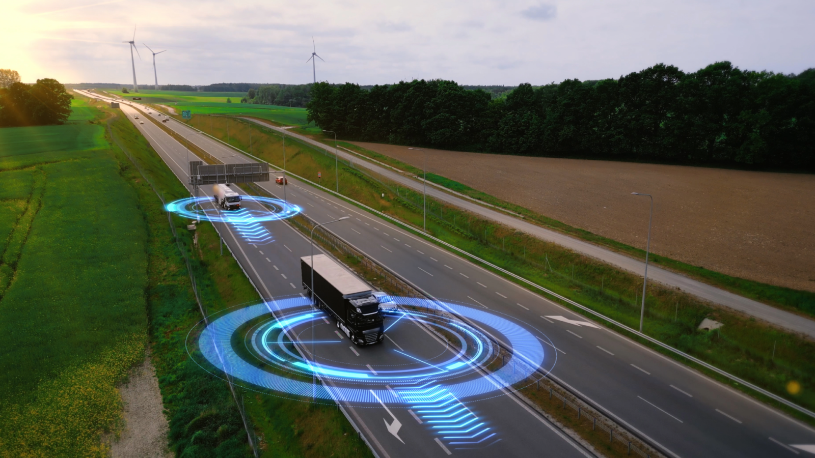 trucks on a highway with sensor marks